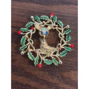 Vintage Gerrys Reindeer Wreath Brooch Pin Enamel Holly & Red Berries Gold-Tone